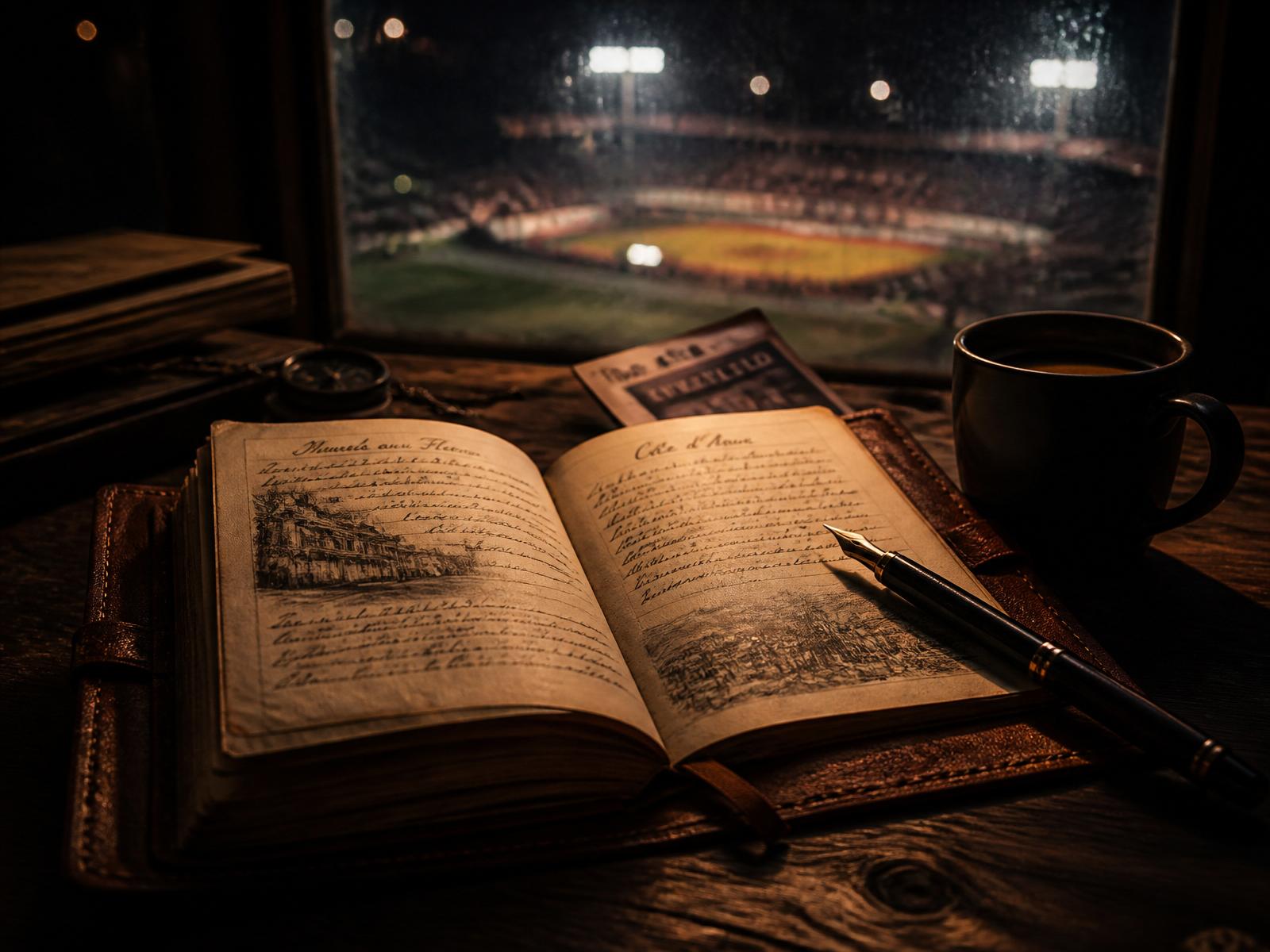 Leather field journal open beside a fountain pen and coffee